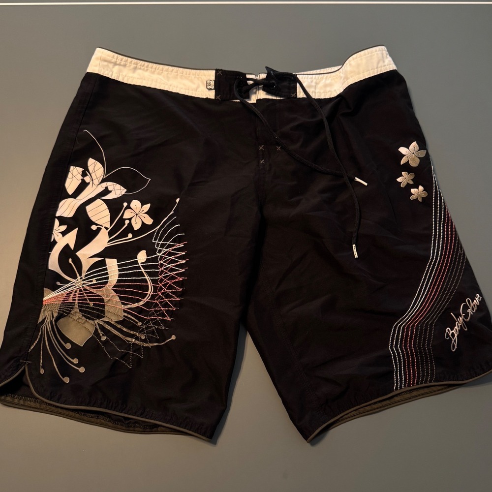 Vintage Y2K Body Glove Board Shorts L Black Floral Surf Swim Trunks 2000s
